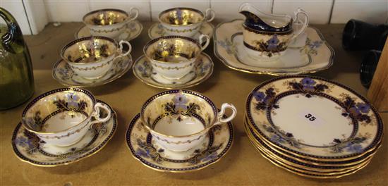 Aynsley tea service, blue and ivory foliate decoration heightened in gilt, setting for six